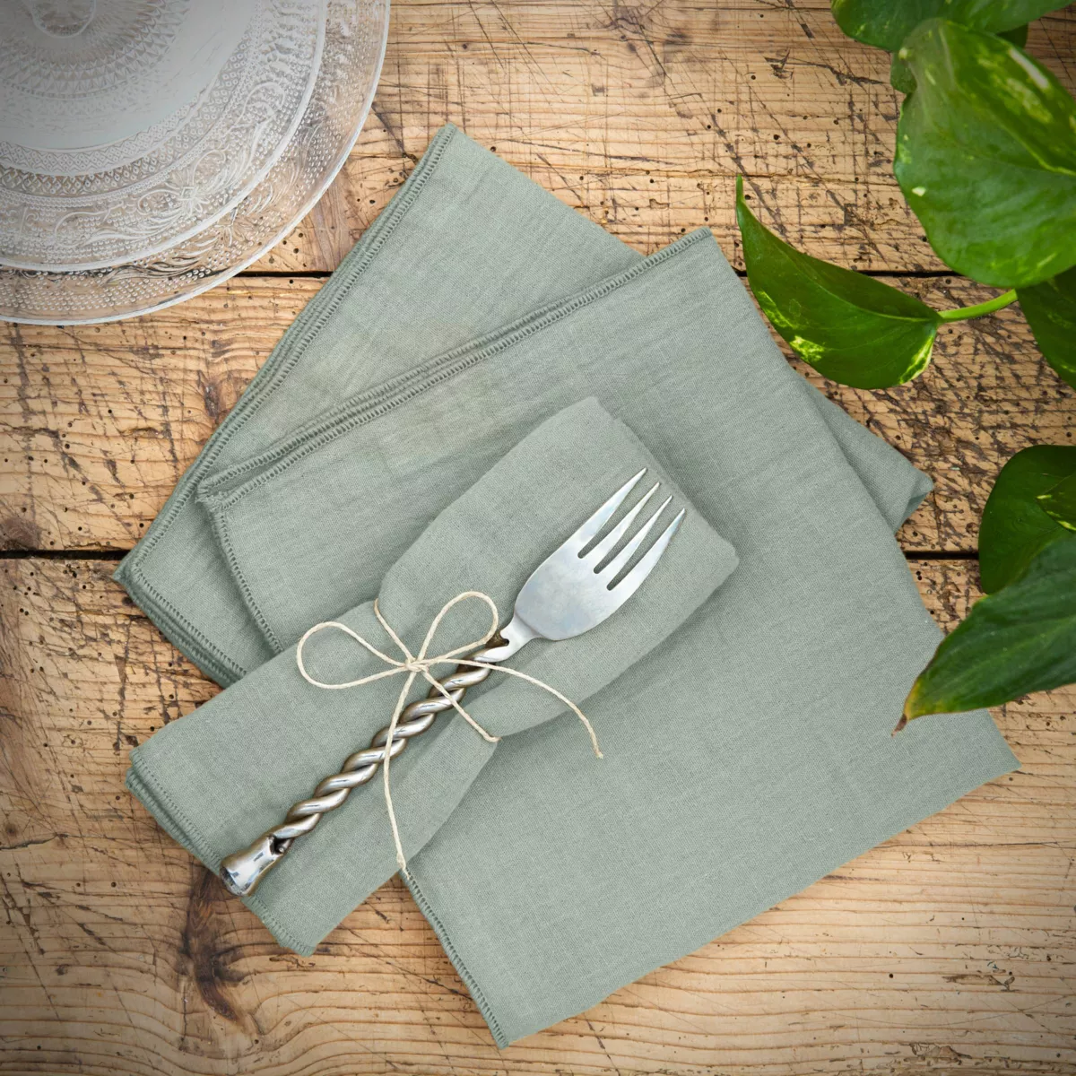 Lot de 3 serviettes gaze de coton Gaïa Vert eucalyptus 