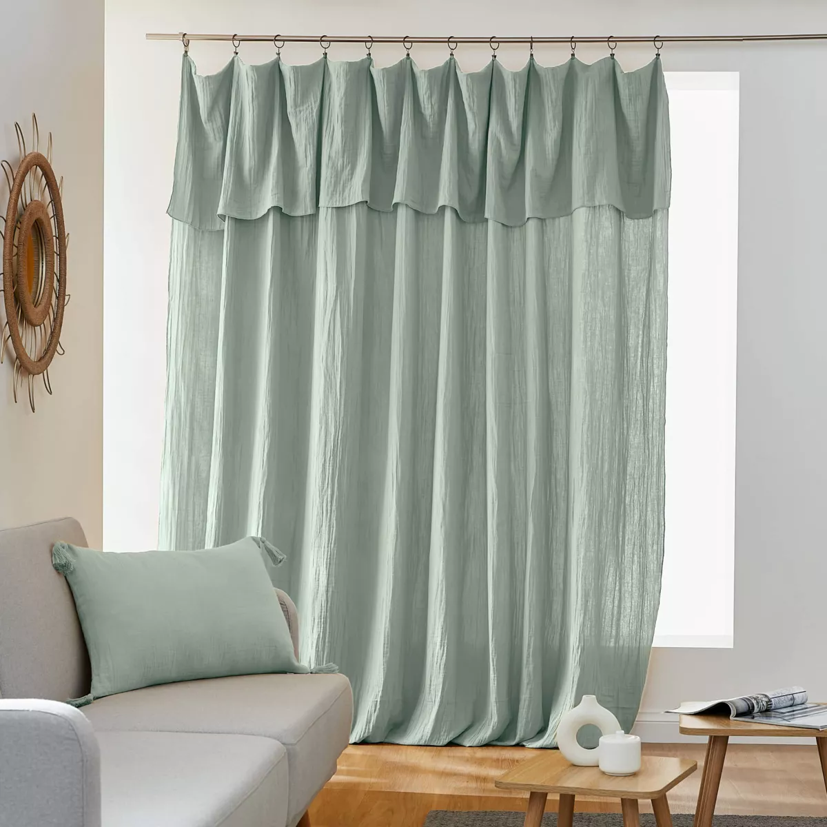 Rideau gaze de coton ajustable (280 x max 300 cm) Gaïa Vert eucalyptus