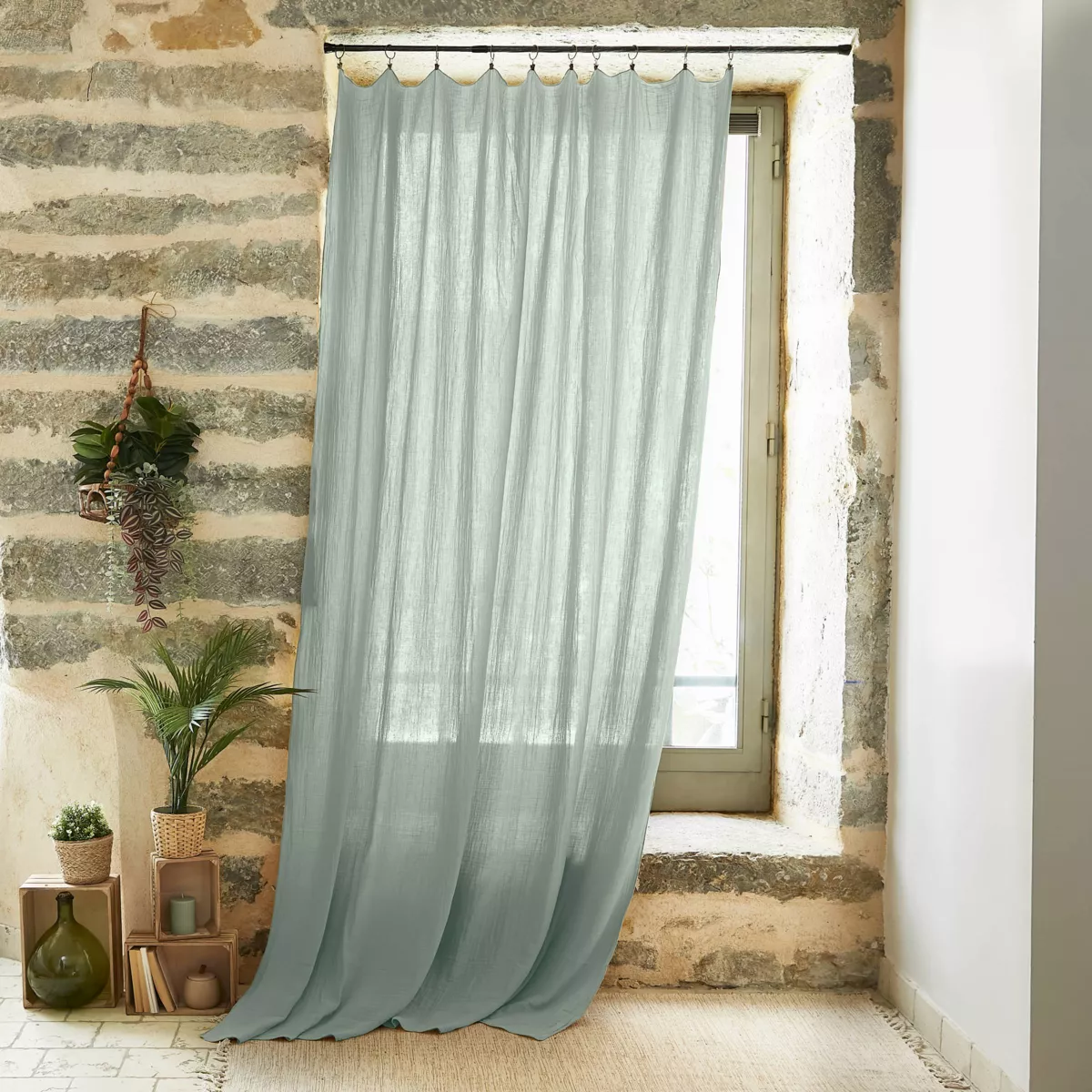 Rideau gaze de coton ajustable (140 x max 300 cm) Gaïa Vert eucalyptus