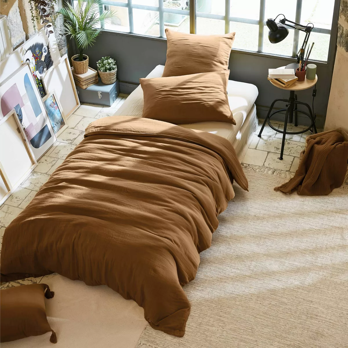 Bettbezug aus Baumwoll-Gaze (140 cm) Gaïa Camel 1