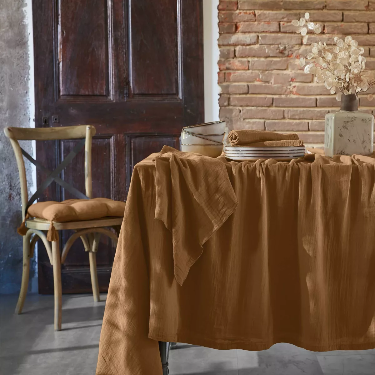 Tafelkleed rechthoekig Katoengaas (L350 cm) Gaïa Camel 1