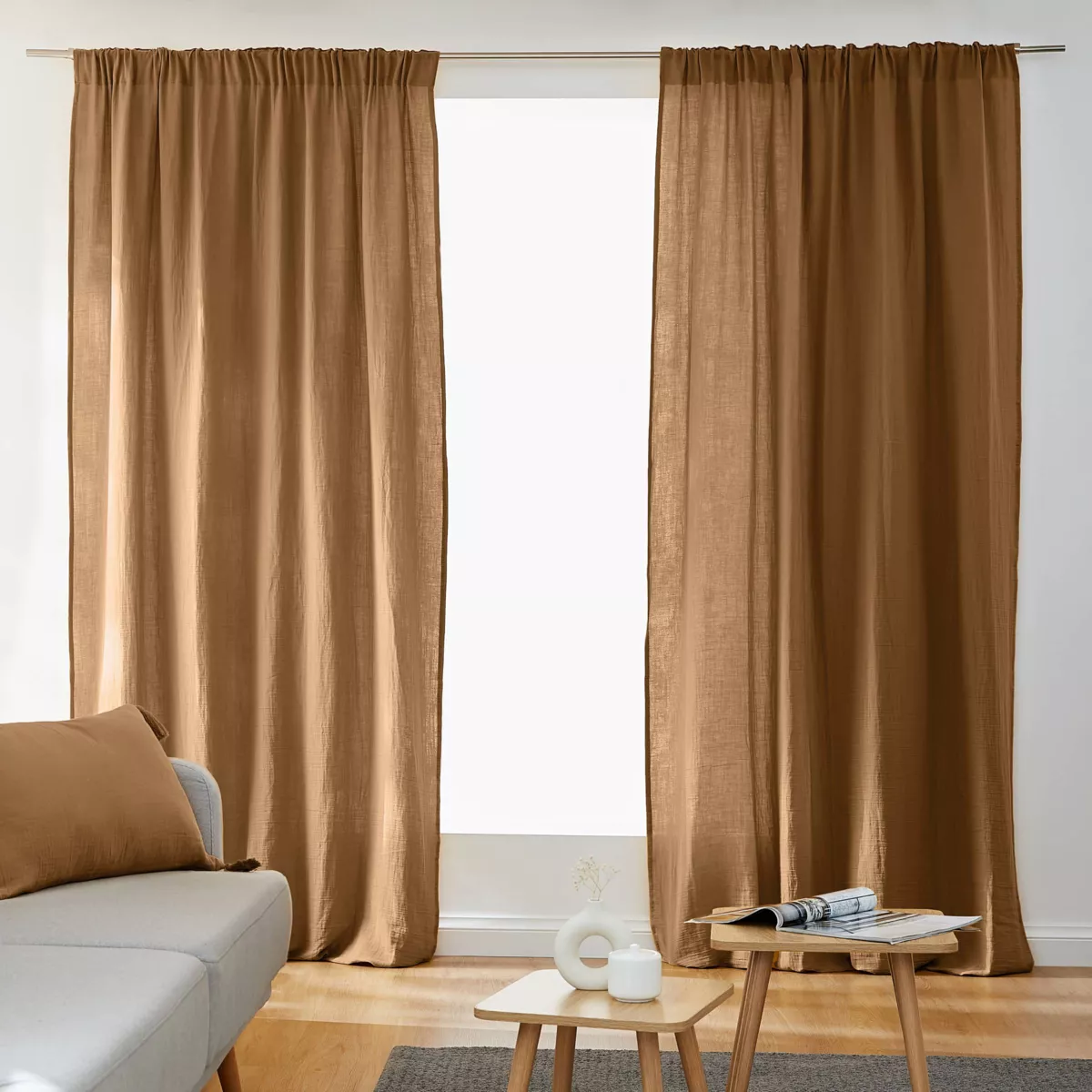 Vorhang mit Kräuselband Baumwoll-Gaze (180 x 240 cm) Gaïa Camel