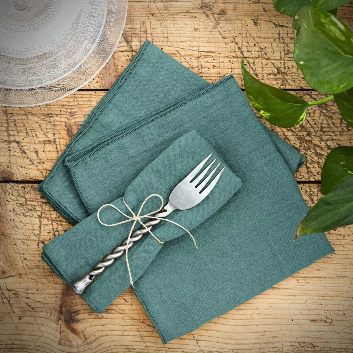 Lot de 3 serviettes gaze de coton (40 x 40 cm) Gaïa Bleu canard