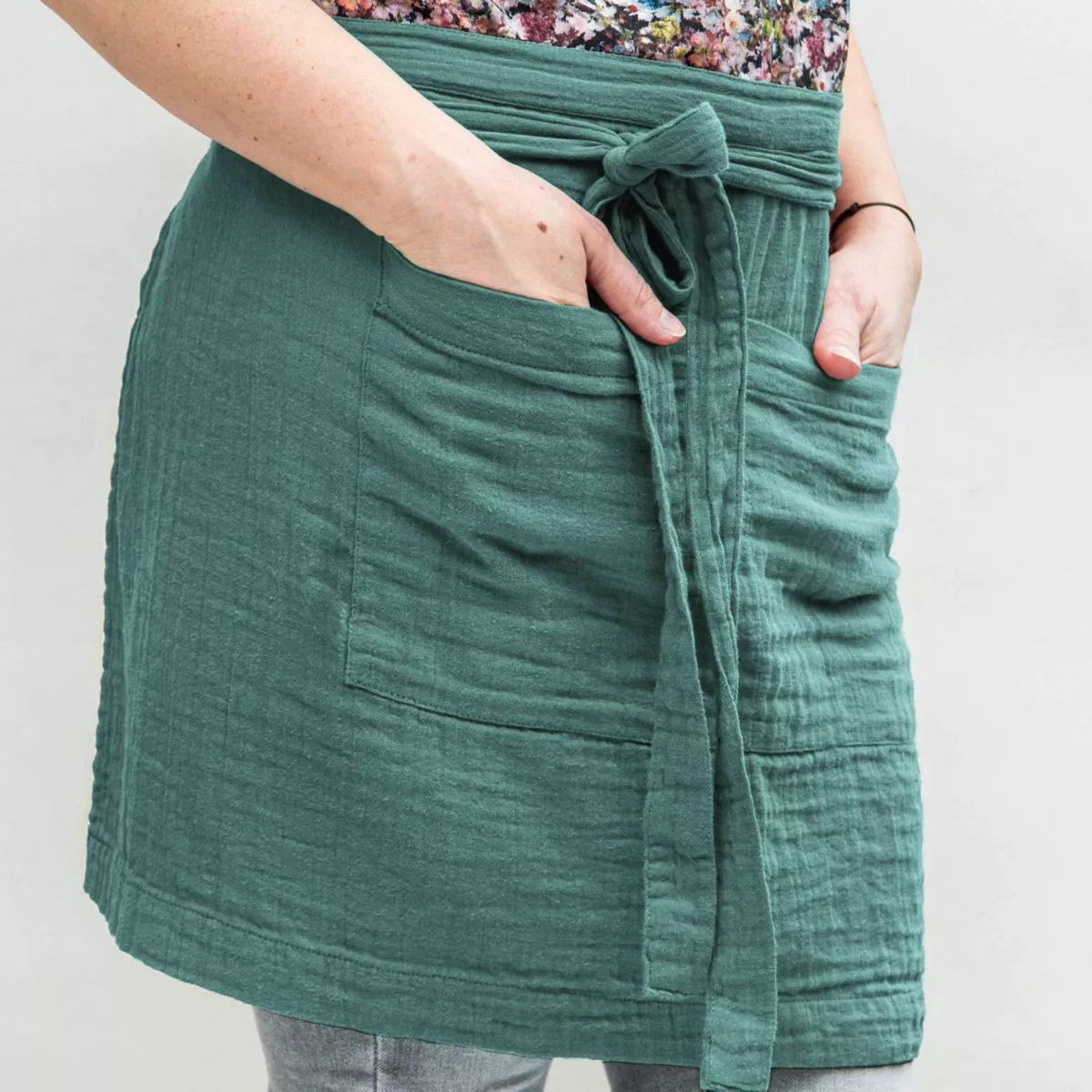 Kochschürze mit Taschen aus Baumwoll-Gaze Gaïa Petrolblau