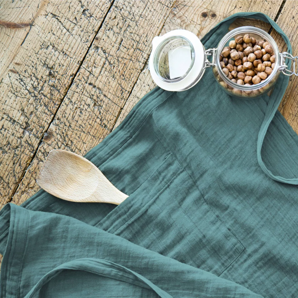 Kochschürze mit Taschen aus Baumwoll-Gaze Gaïa Petrolblau