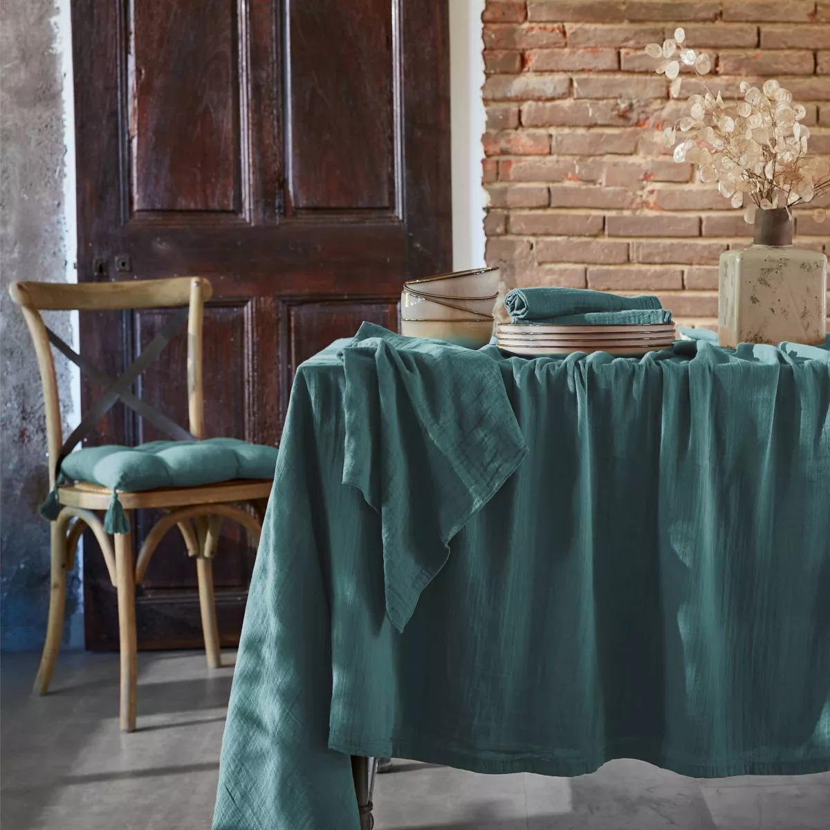 Mantel rectangular en gasa de algodón (L250 cm) Gaïa Azul trullo 1