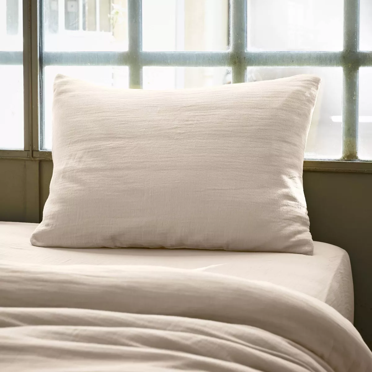 Rechteckiger Kopfkissenbezug aus Baumwoll-Gaze (70 cm) Gaïa Beige 1