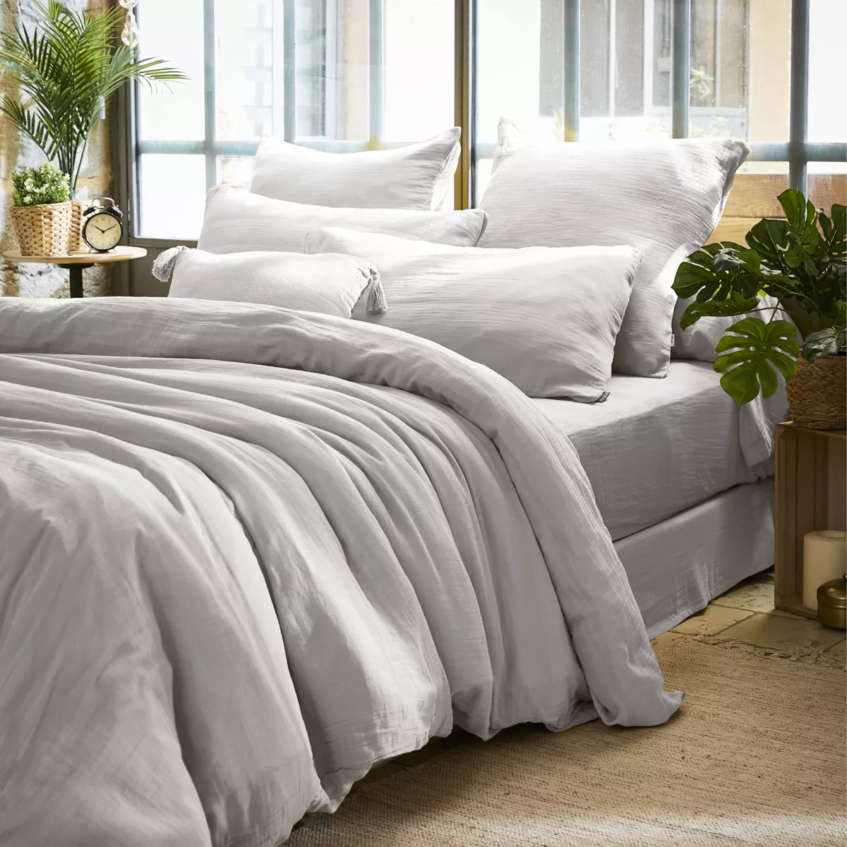 Quadratischer Musselin-Kopfkissenbezug (60 x 60 cm) Gaïa Hellgrau