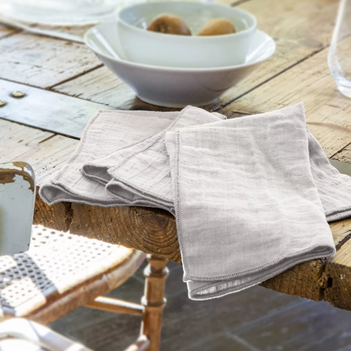 3er Set Servietten aus Baumwoll-Gaze Gaïa Hellgrau 1