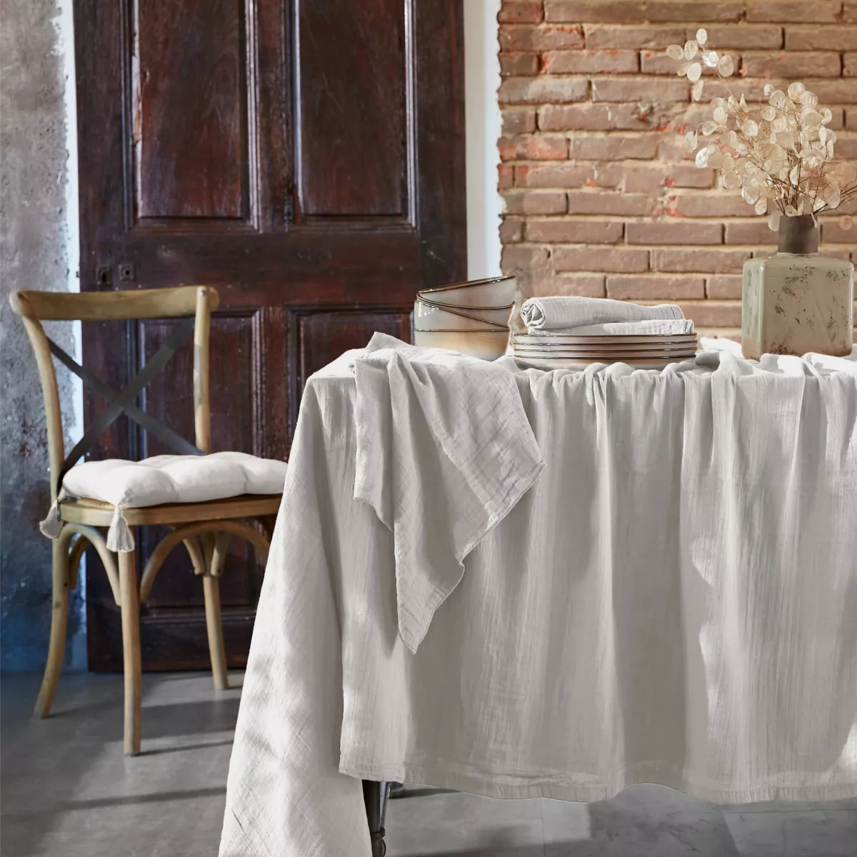 Mantel rectangular en gasa de algodón (L250 cm) Gaïa Gris nube 1