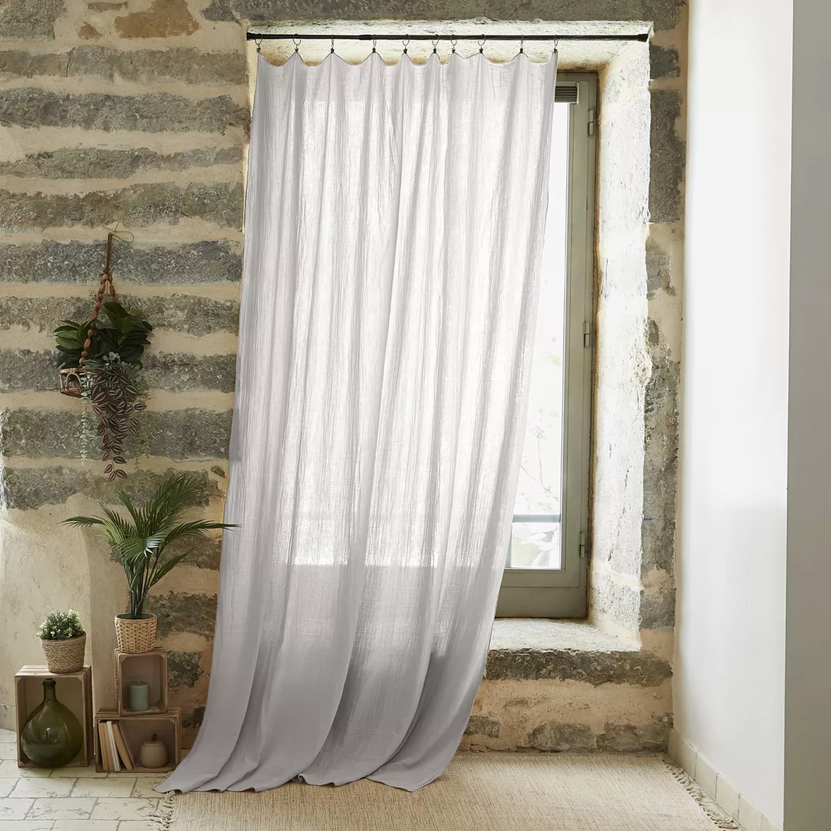 Rideau gaze de coton ajustable (180 x max 300 cm) Gaïa Gris nuage 1