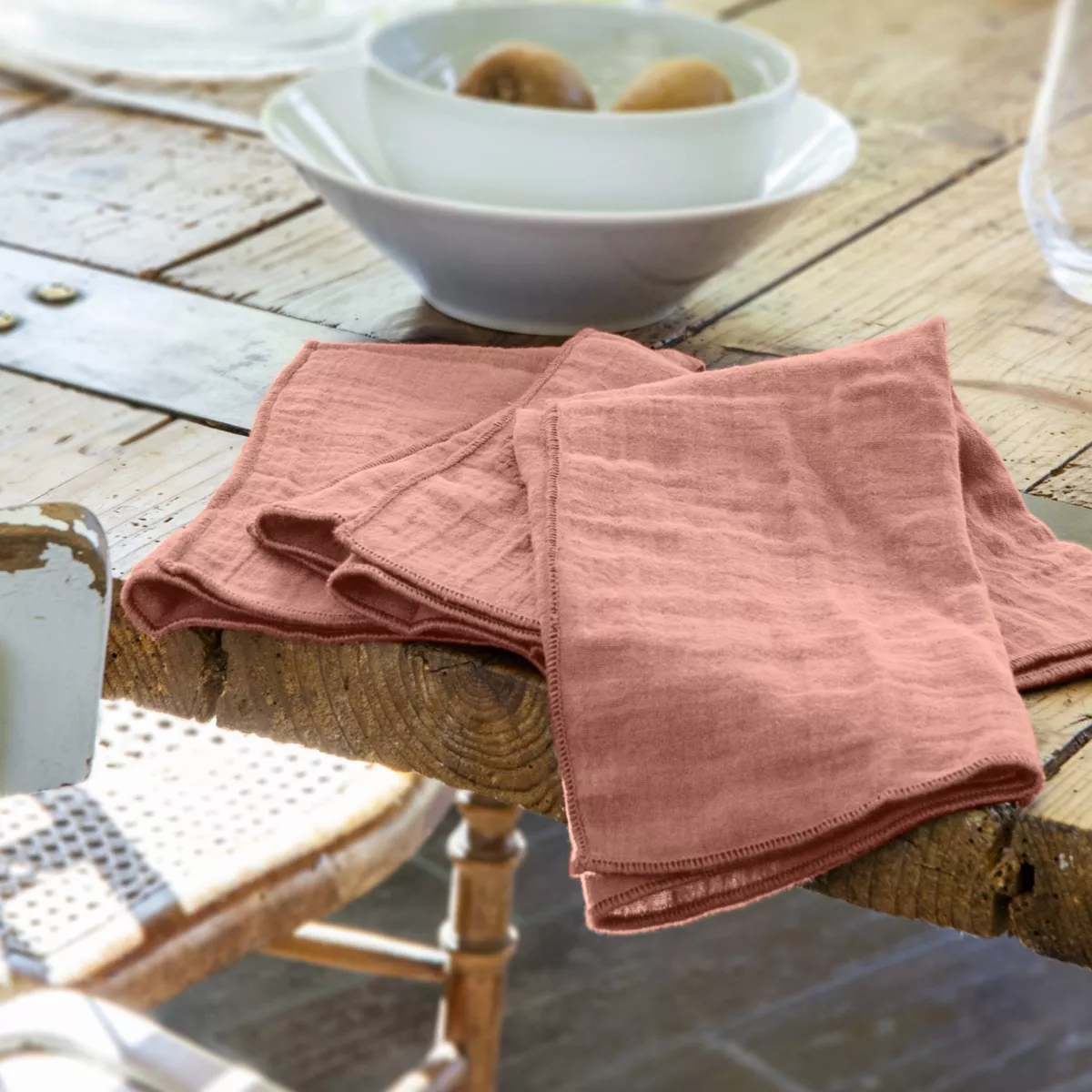 Set van 3 servetten Katoengaas Gaïa Perzik roze 1