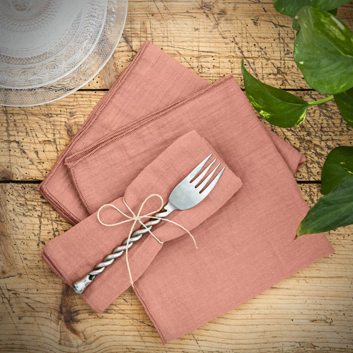 Set van 3 servetten Katoengaas Gaïa Perzik roze