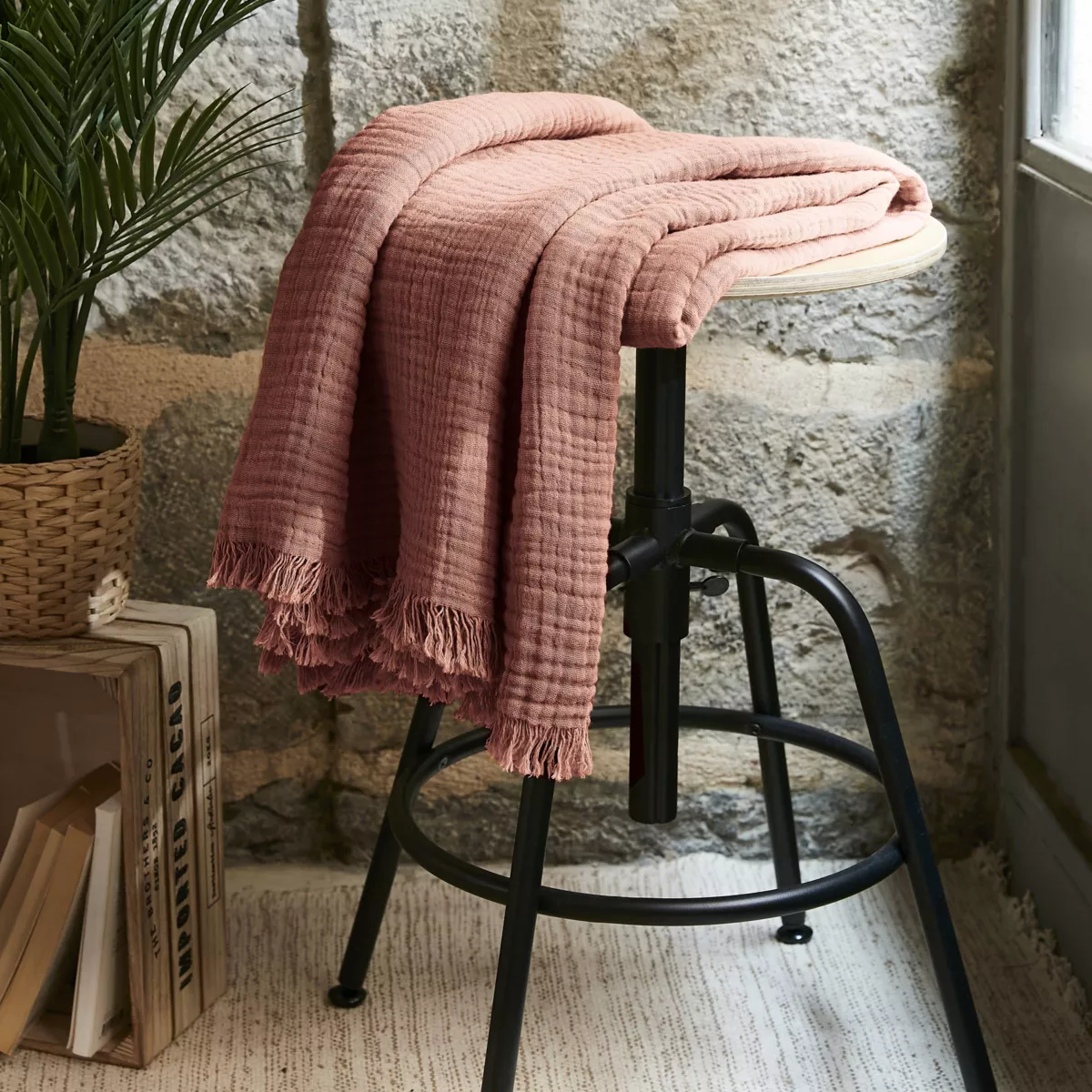 Plaid gaze de coton (160 cm) Gaïa Rose pêche 1