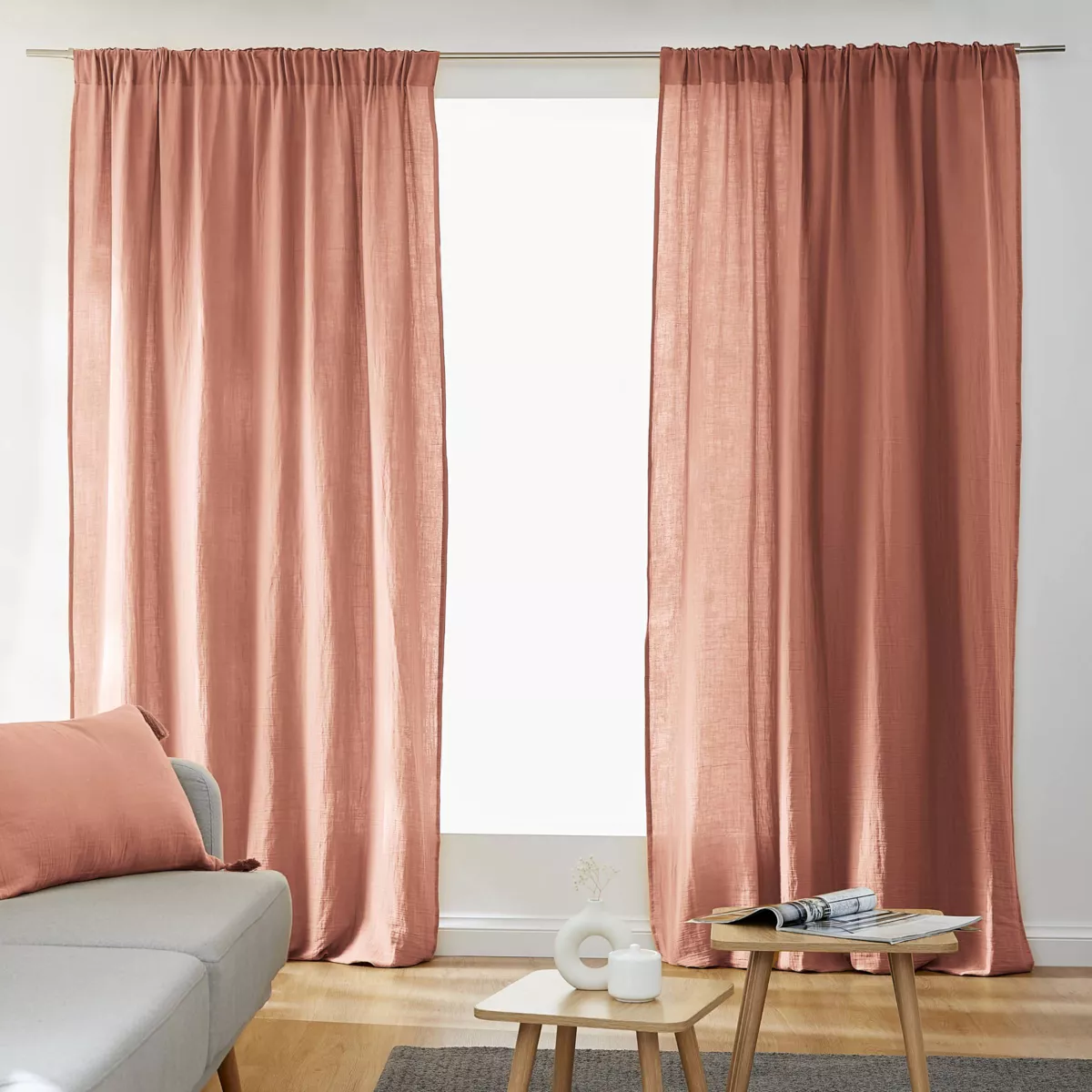Tenda in  garza di cotone a passanti nascosti (140 x 240 cm) Gaïa Rosa pesca