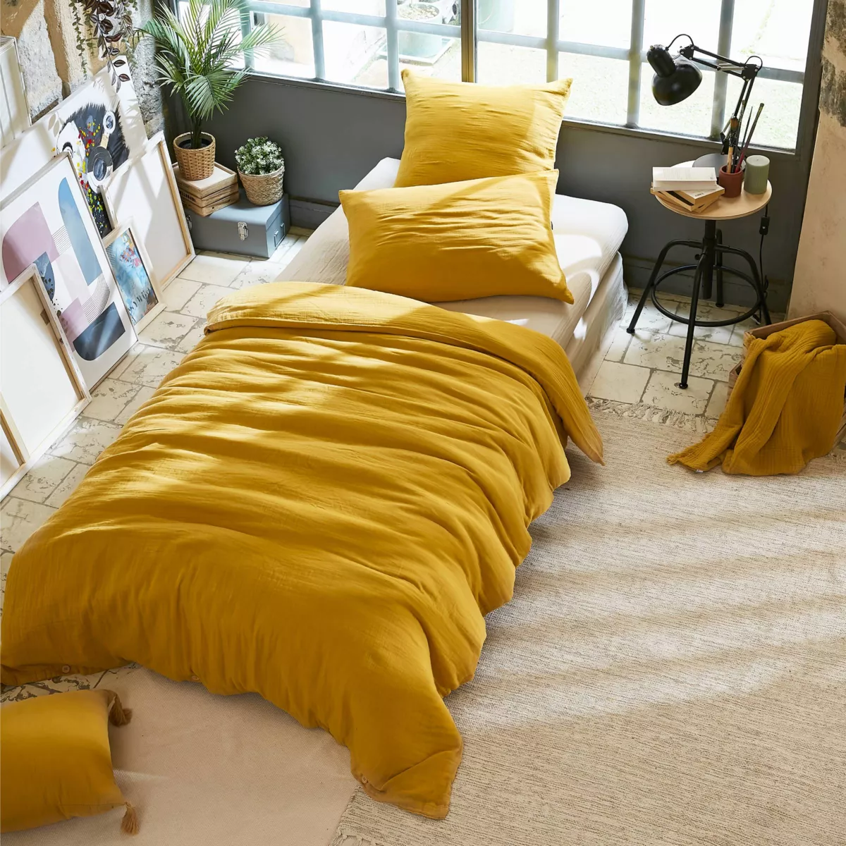 Bettbezug aus Baumwoll-Gaze (140 cm) Gaïa Safrangelb 1