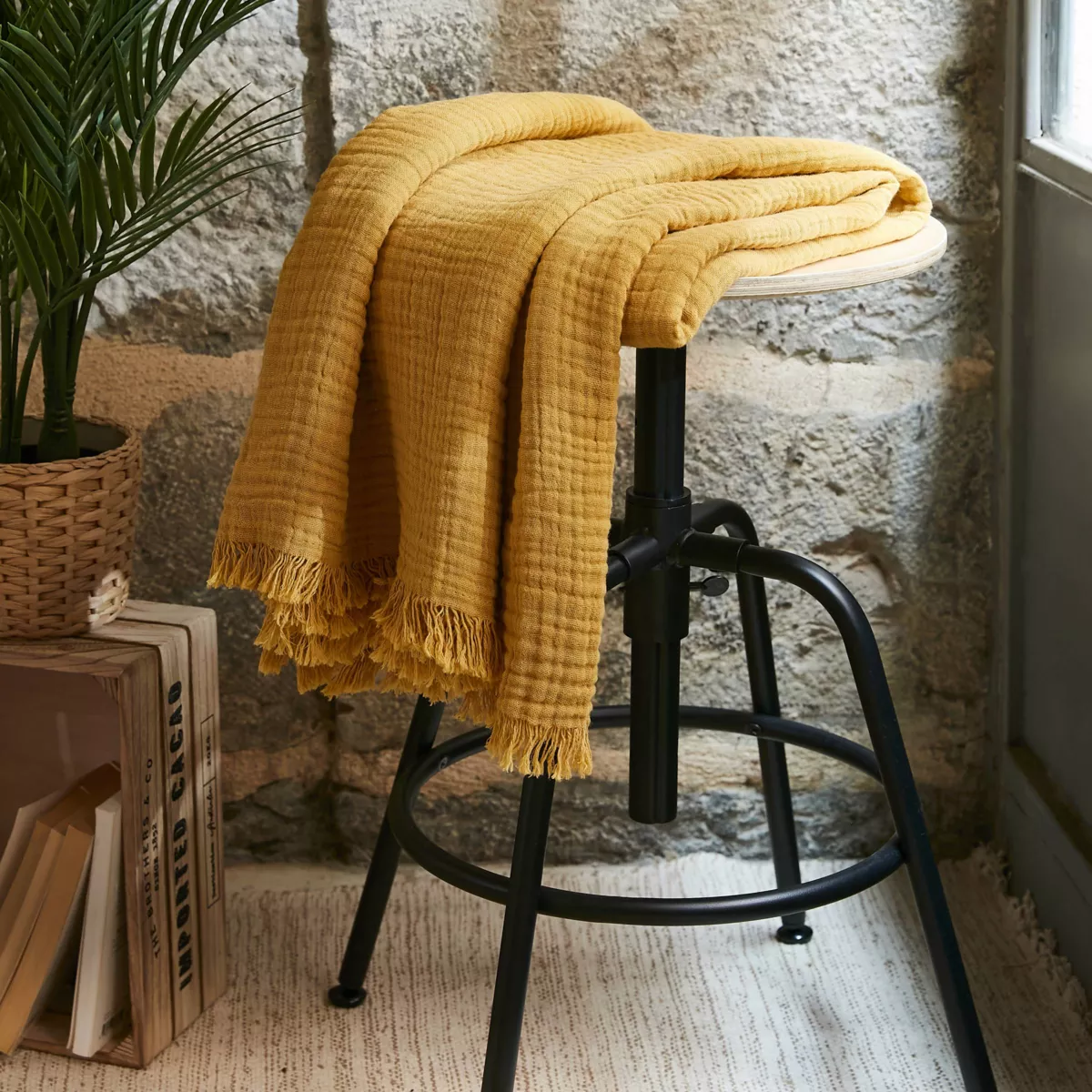 Plaid garza di cotone (160 cm) Gaïa Giallo zafferano 1