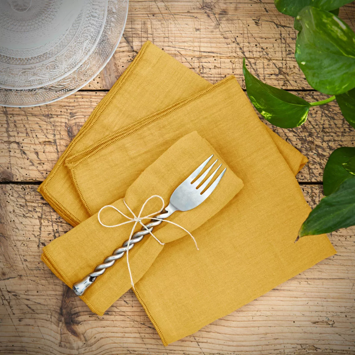 Juego de 3 servilletas de gasa de algodón Gaïa Amarillo azafrán