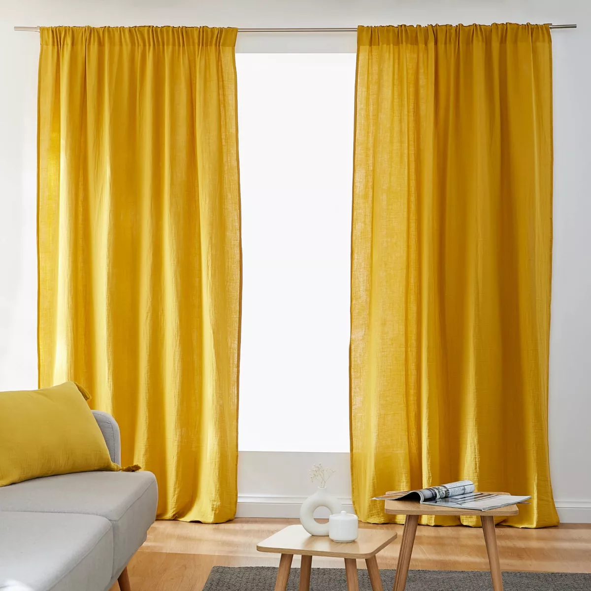 Tenda in  garza di cotone a passanti nascosti (140 x 240 cm) Gaïa Giallo zafferano