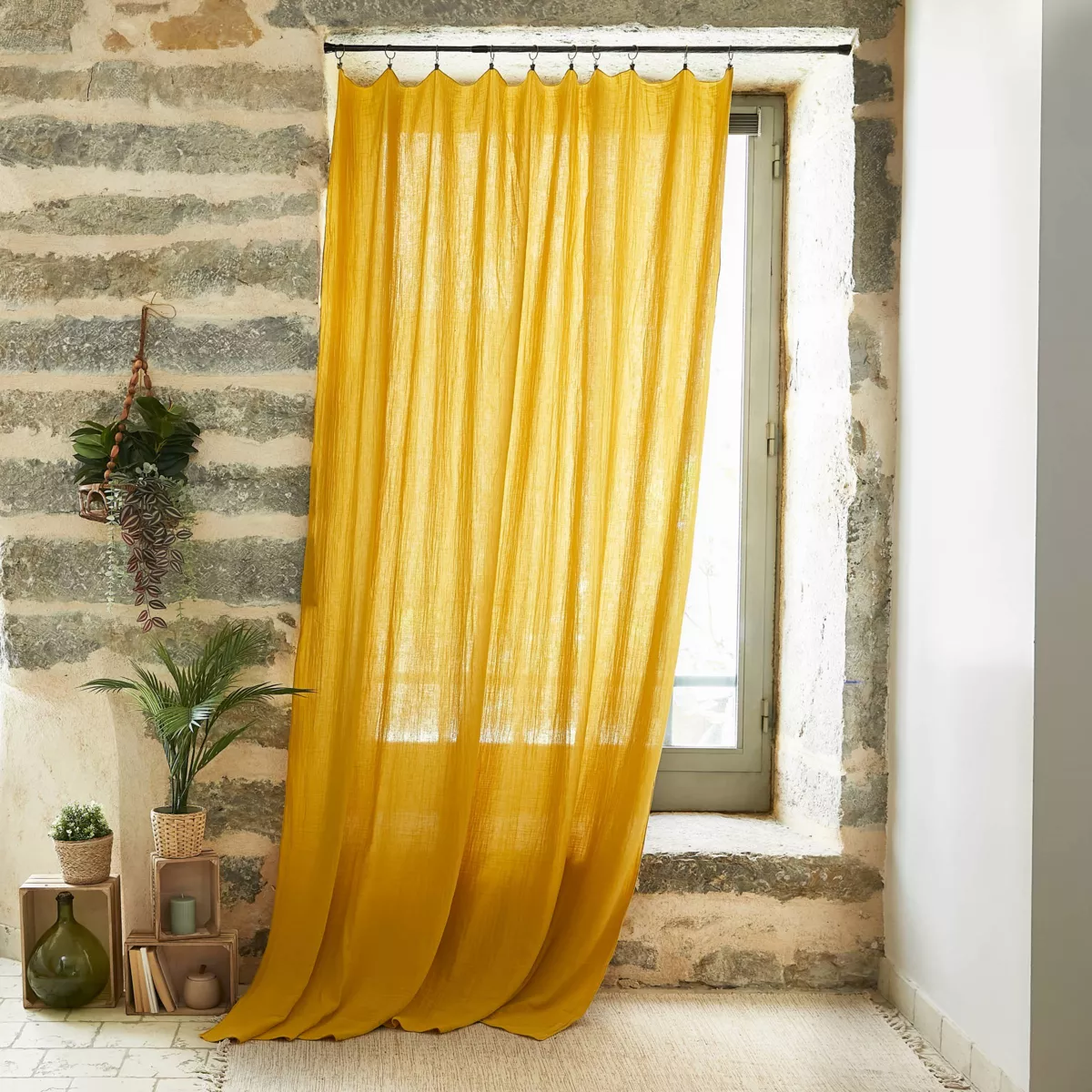 Rideau gaze de coton ajustable (180 x max 300 cm) Gaïa Jaune safran 1