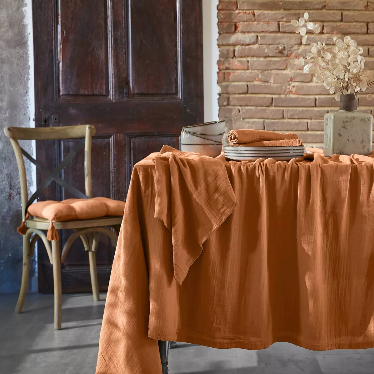 Nappe rectangulaire gaze de coton (150 x 350 cm) Gaïa Abricot