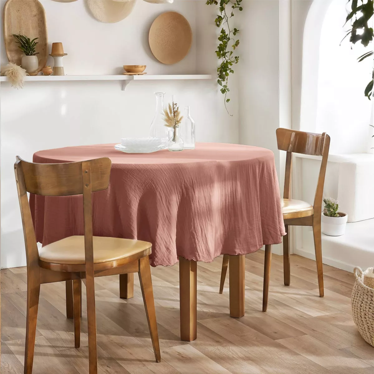 Nappe ronde (0) 180 cm Gaze de coton unie GAìA Rose pche