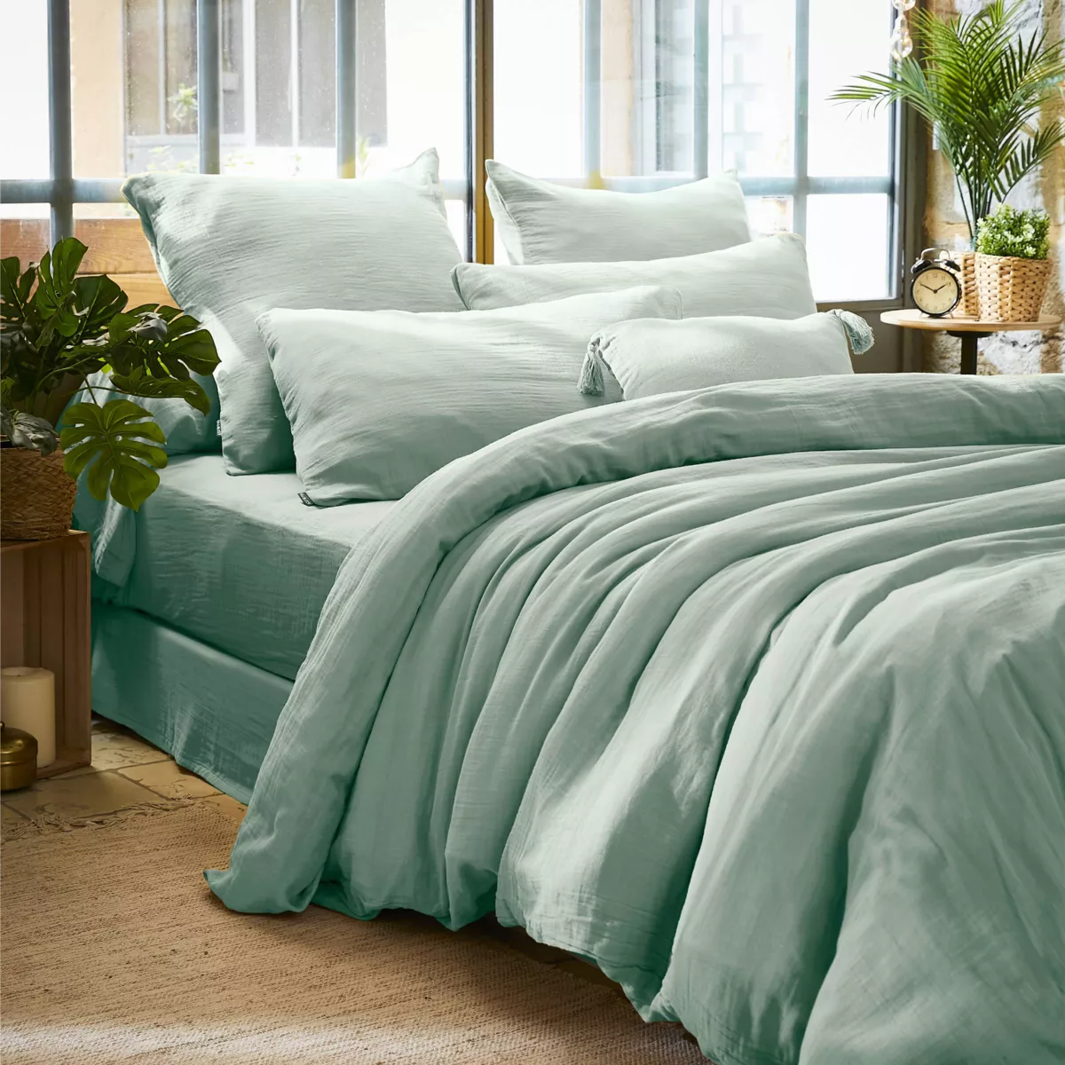 Federa per cuscino letto quadrata in garza di cotone (80 x 80 cm) Gaïa Verde eucalipto