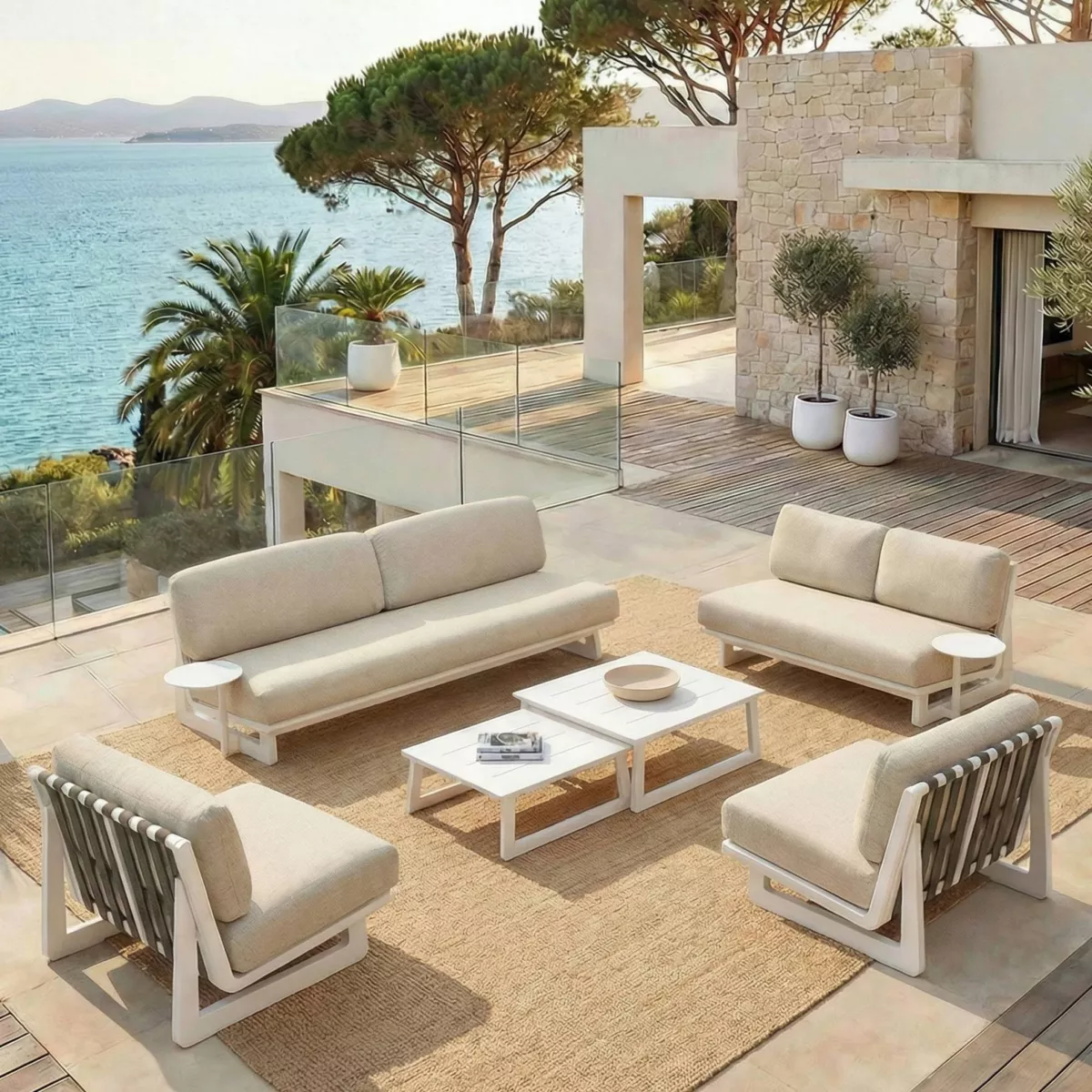 Salon de jardin en aluminium 7 places 6 pcs Long Beach Blanc cendré et taupe