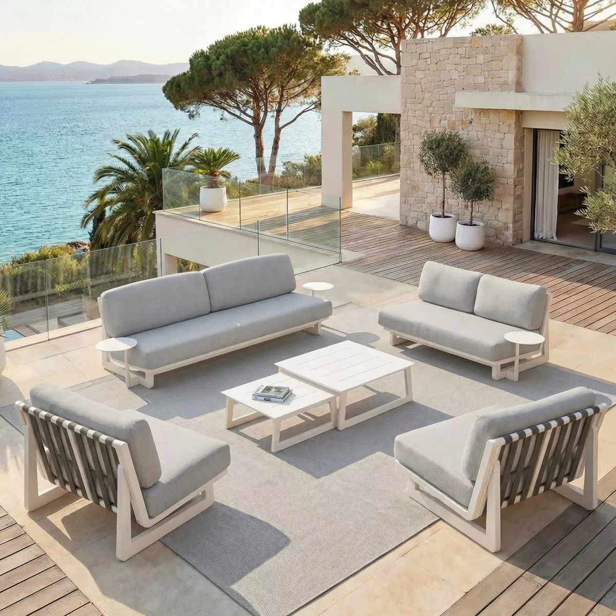 Salon de jardin en aluminium 7 places 6 pcs Long Beach Blanc cendré et gris clair