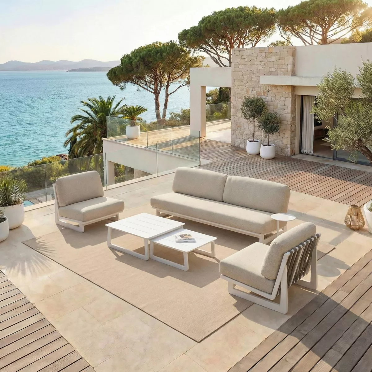 Salon de jardin en aluminium 5 places 5 pcs Long Beach Blanc cendré et beige