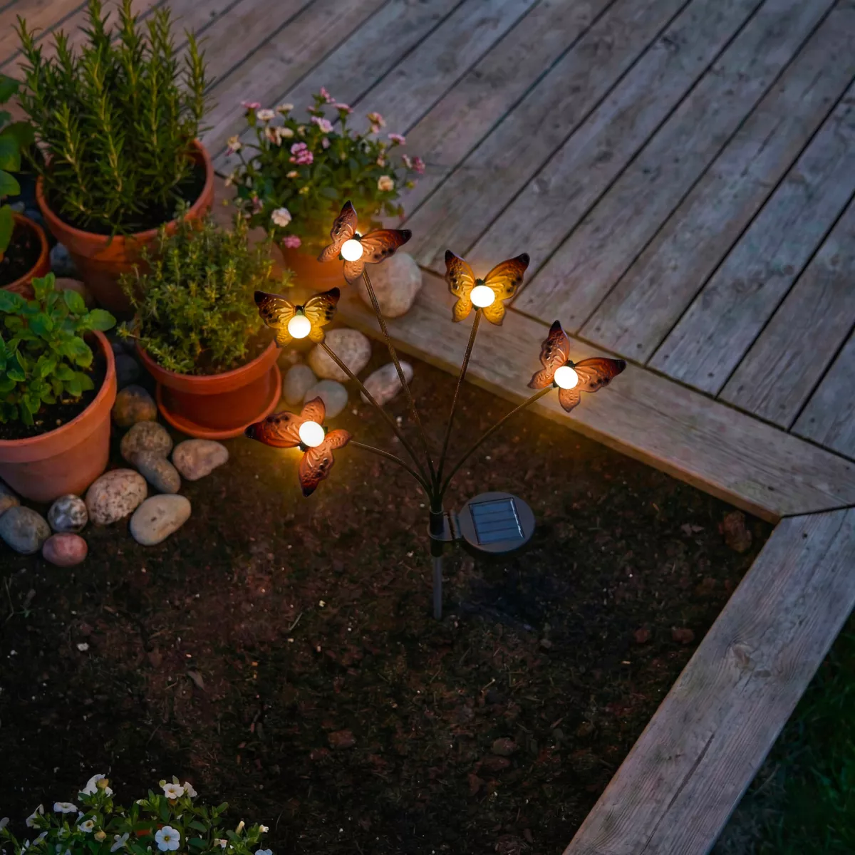 Decorazione luminosa Solare da infilare nel terreno (H60 cm) Farfalle Rosso e bianco caldo