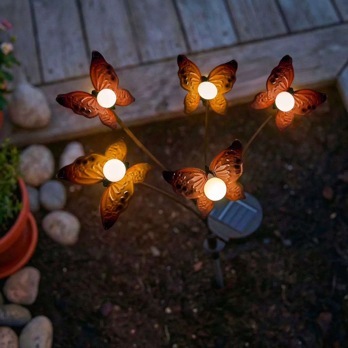 Decorazione luminosa Solare da infilare nel terreno (H60 cm) Farfalle Rosso e bianco caldo