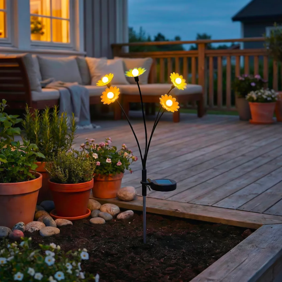 Decorazione luminosa Solare da infilare nel terreno (H60 cm) Margherite Giallo e bianco caldo