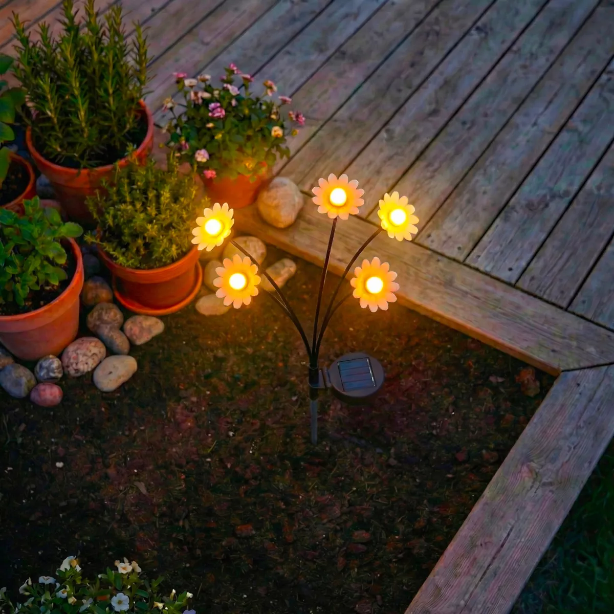 Decorazione luminosa Solare da infilare nel terreno (H60 cm) Margherite Giallo e bianco caldo