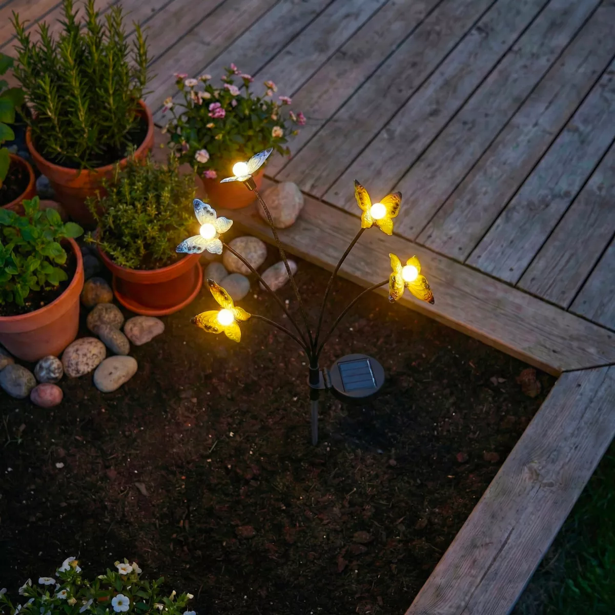 Decorazione luminosa Solare da infilare nel terreno (H60 cm) Farfalle Giallo e bianco caldo