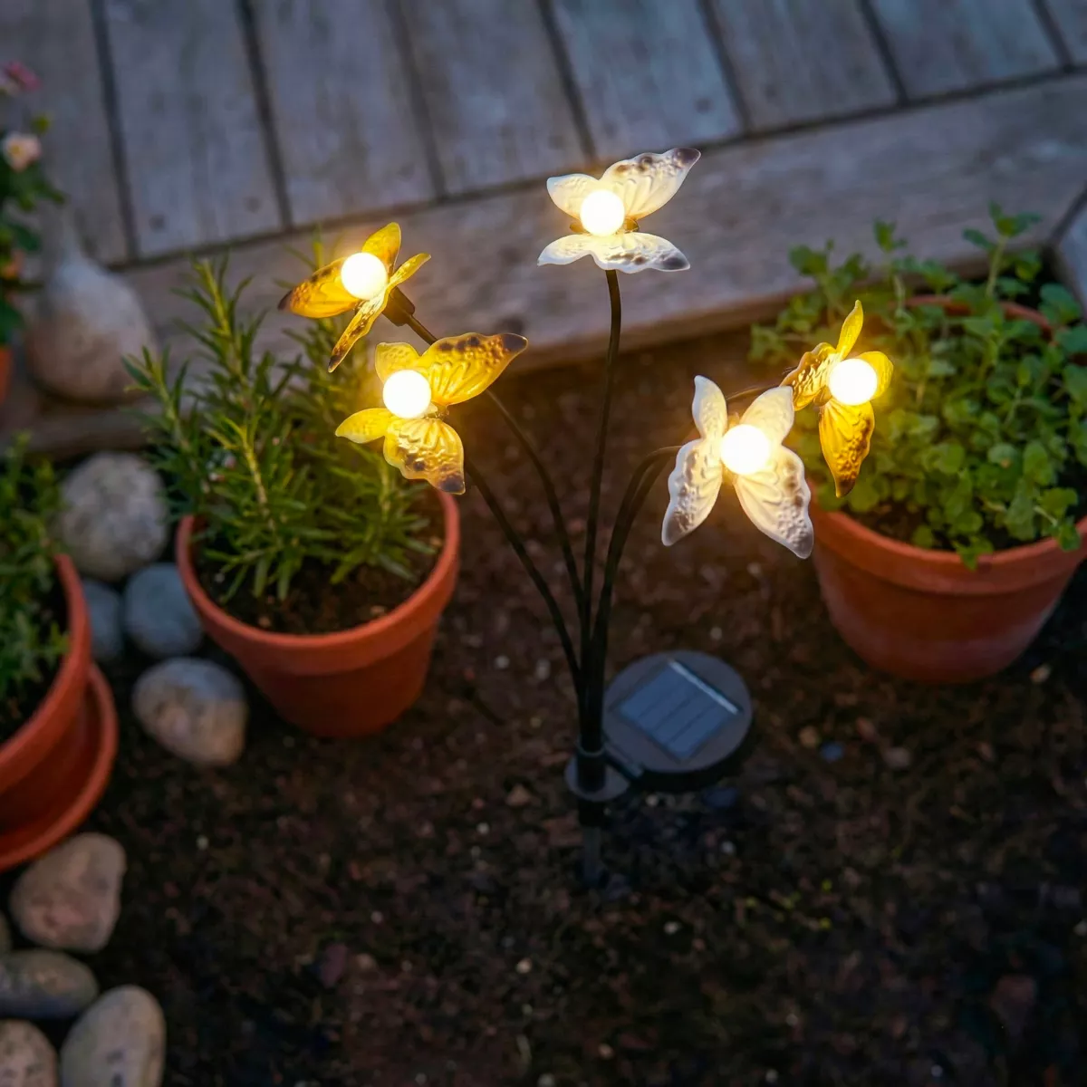 Decorazione luminosa Solare da infilare nel terreno (H60 cm) Farfalle Giallo e bianco caldo