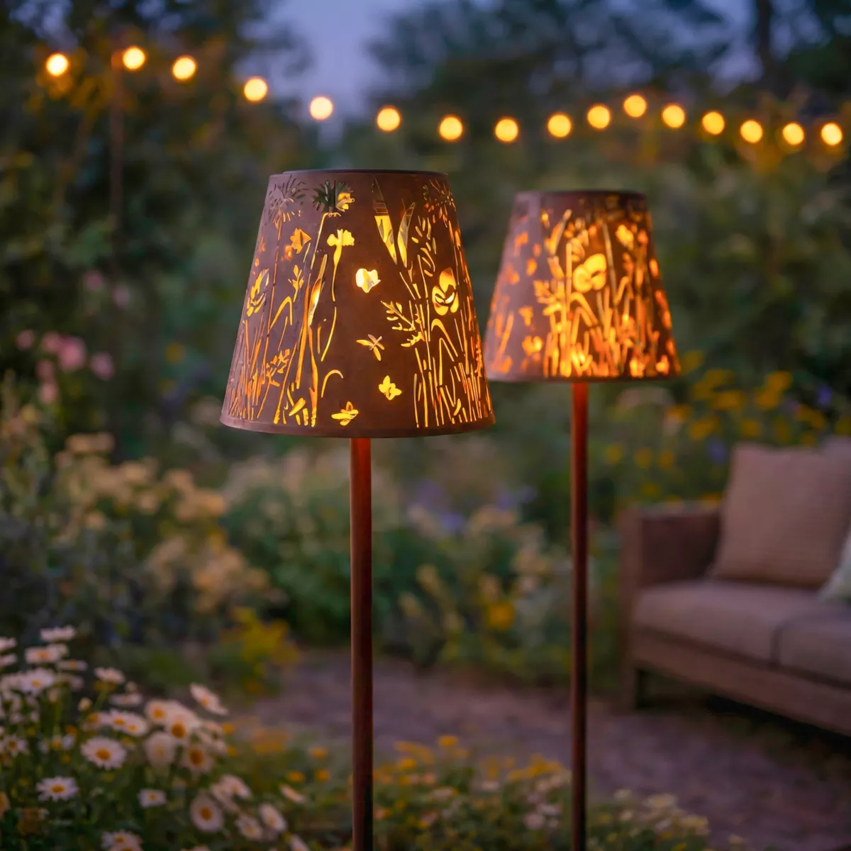 Set di 2 paletti da giardino solari LED (H58 cm) Floreale Marrone rustico