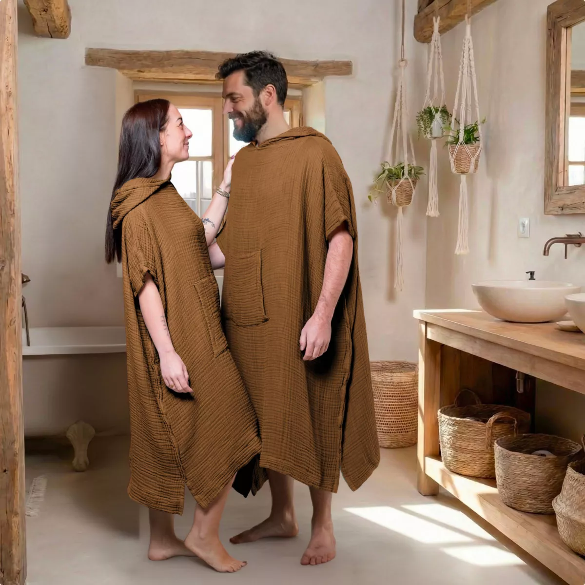 Poncho adulto in garza di cotone S/M Gaïa Camel