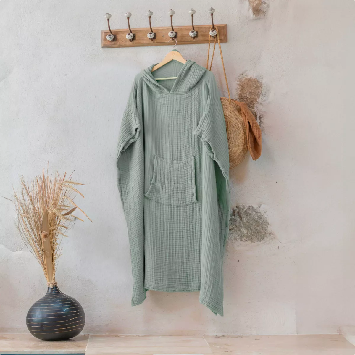 Poncho adulte gaze de coton L/XL Gaïa Vert eucalyptus