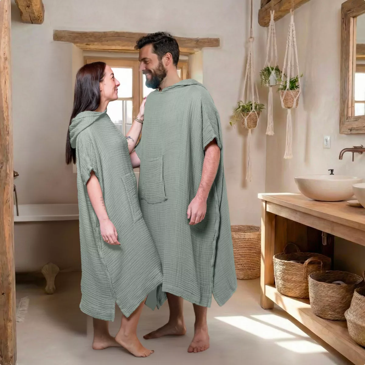 Poncho adulto in garza di cotone S/M Gaïa Verde eucalipto
