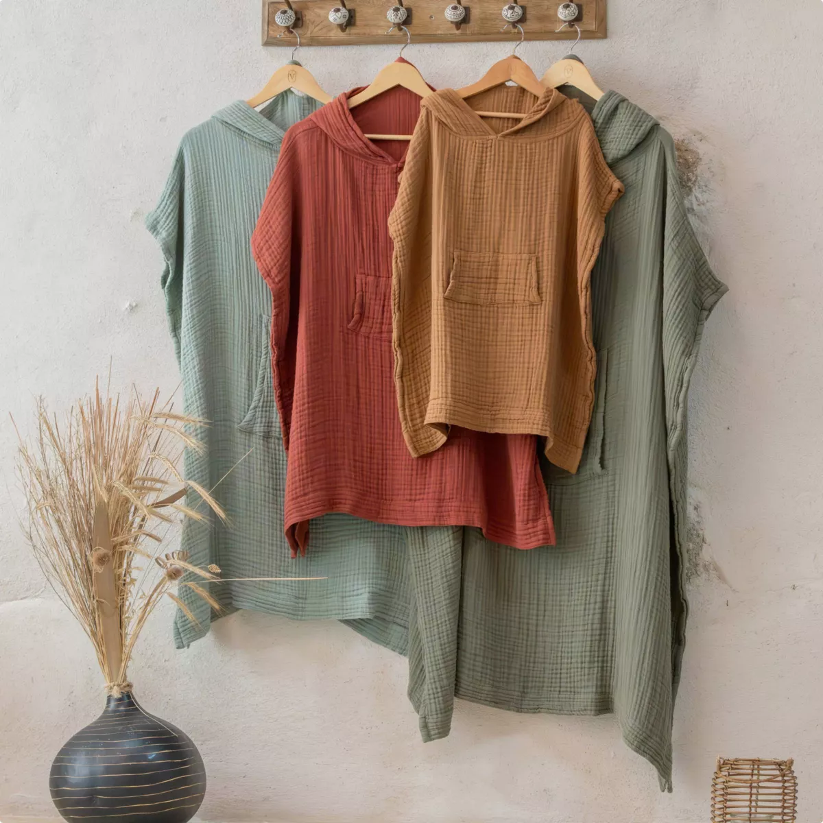 Poncho adulto in garza di cotone S/M Gaïa Verde eucalipto