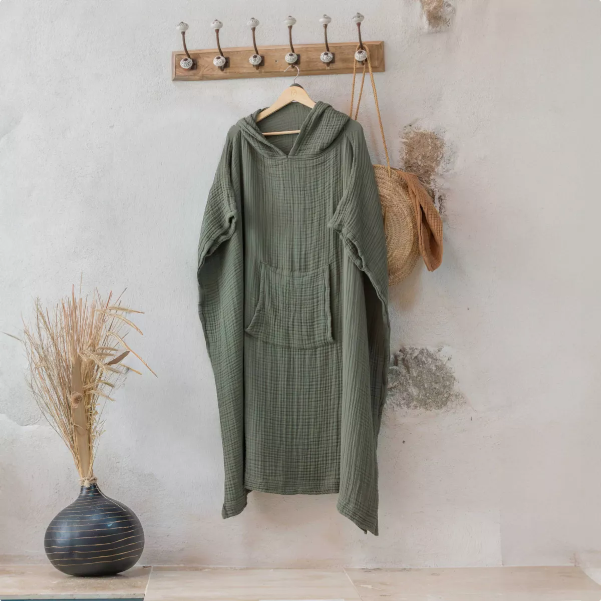 Poncho adulte gaze de coton L/XL Gaïa Vert romarin