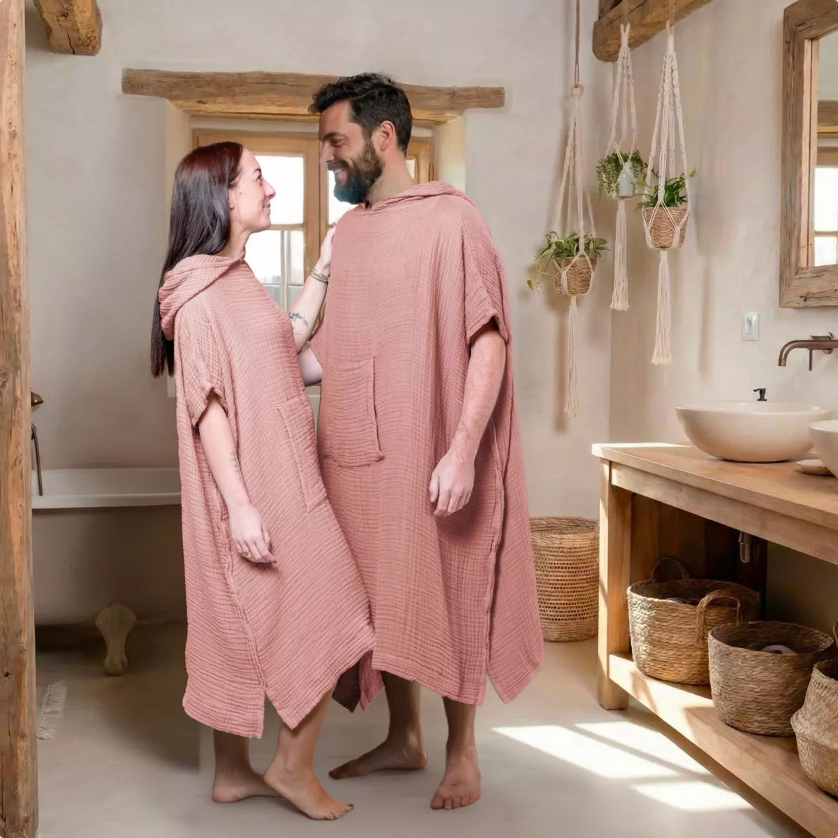 Poncho adulte gaze de coton S/M Gaïa Rose pêche