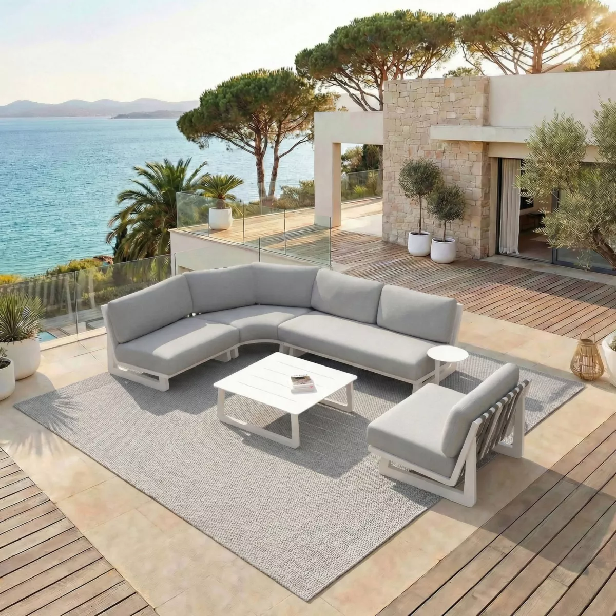 Set angolare da giardino in alluminio 5 posti 5 pezzi Long Beach Bianco cenere e grigio chiaro