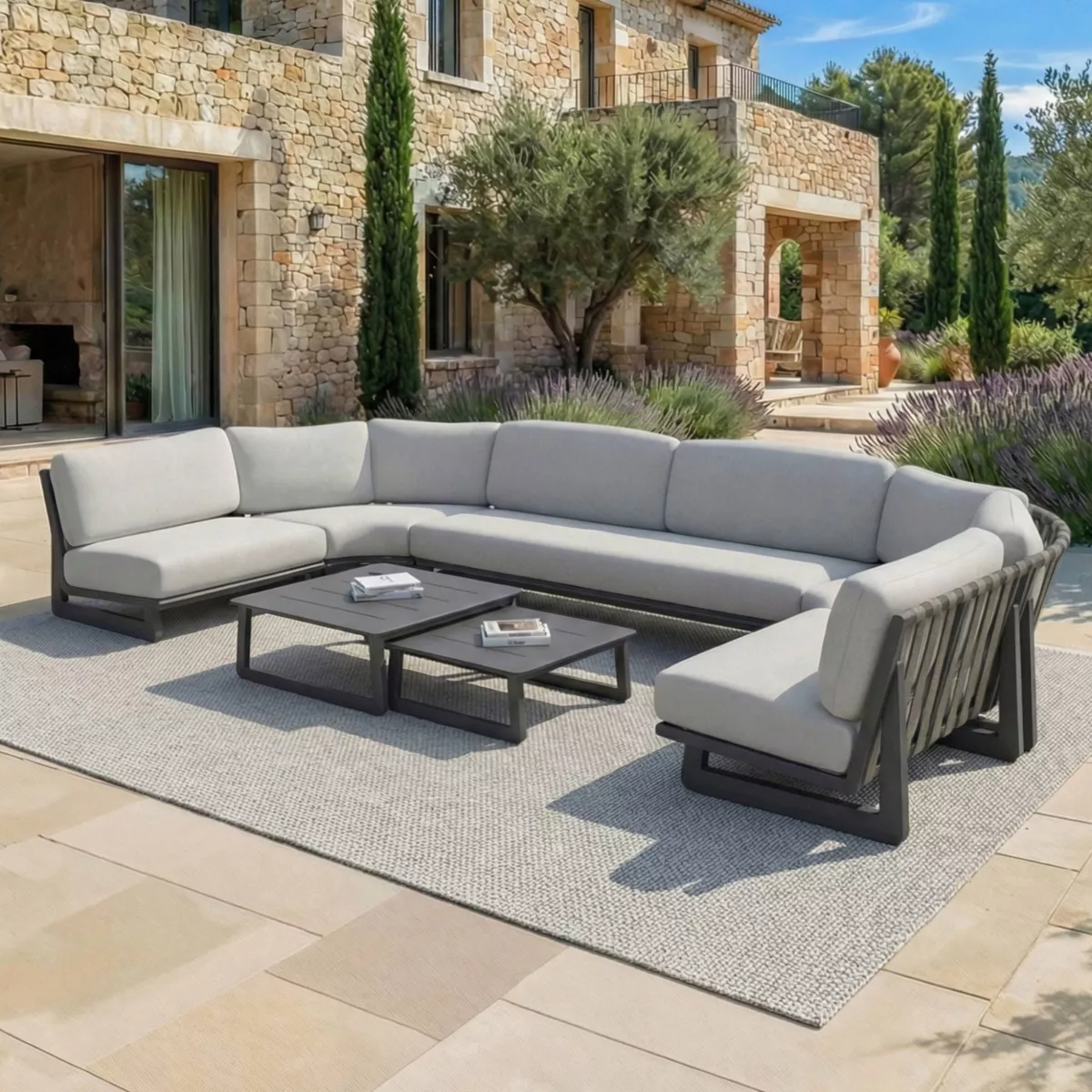 Salon de jardin d'angle en aluminium 7 places 6 pcs Long Beach Gris anthracite et gris clair