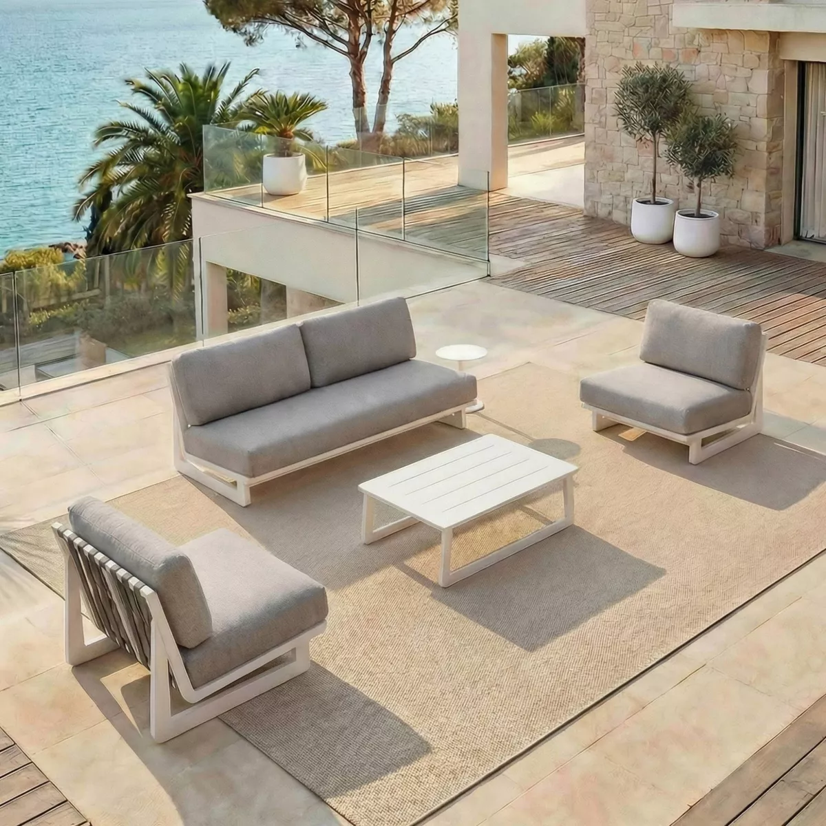 Salon de jardin en aluminium 4 places 4 pcs Long Beach Blanc cendré et taupe