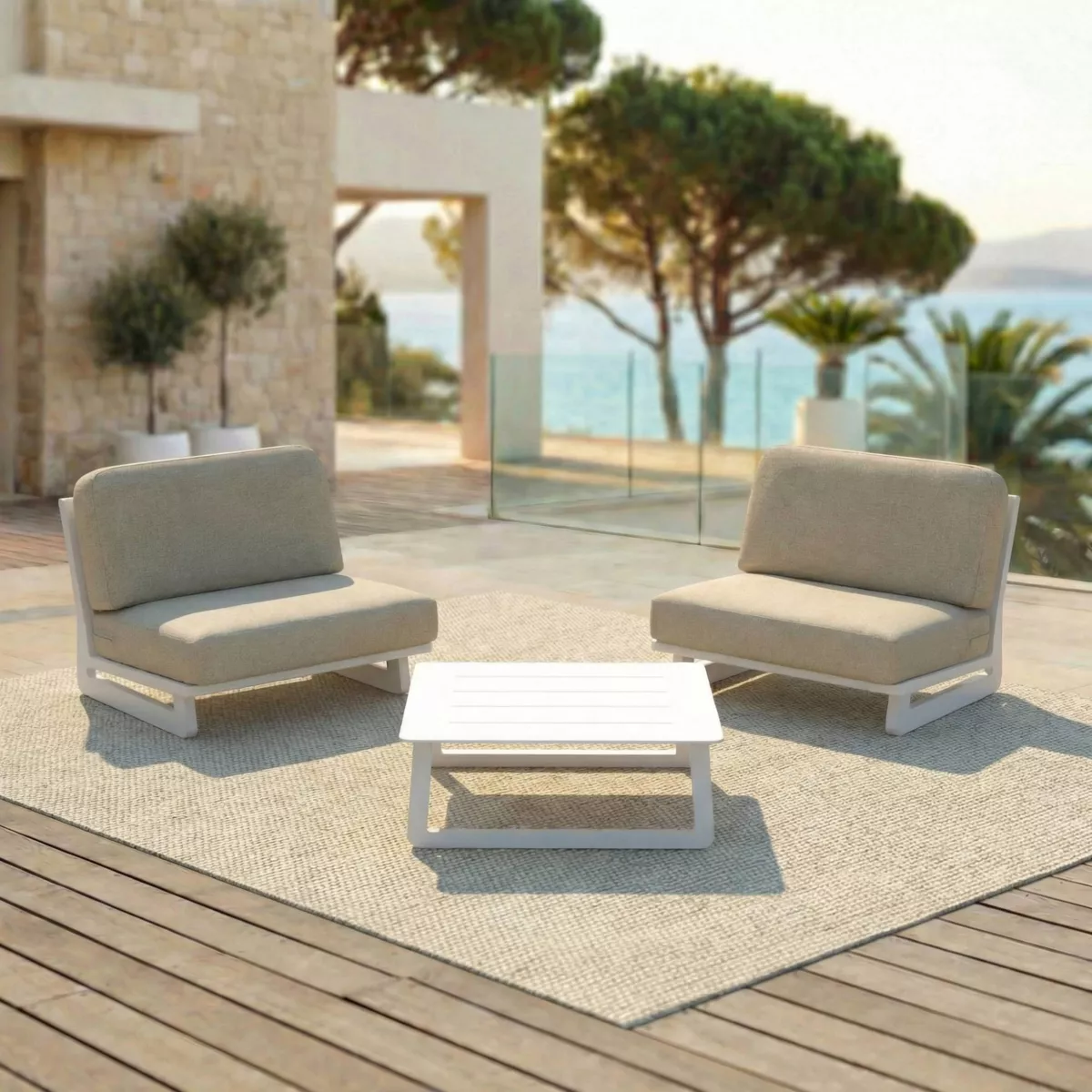 Salon de jardin en aluminium 2 places 3 pcs Long Beach Blanc cendré et taupe