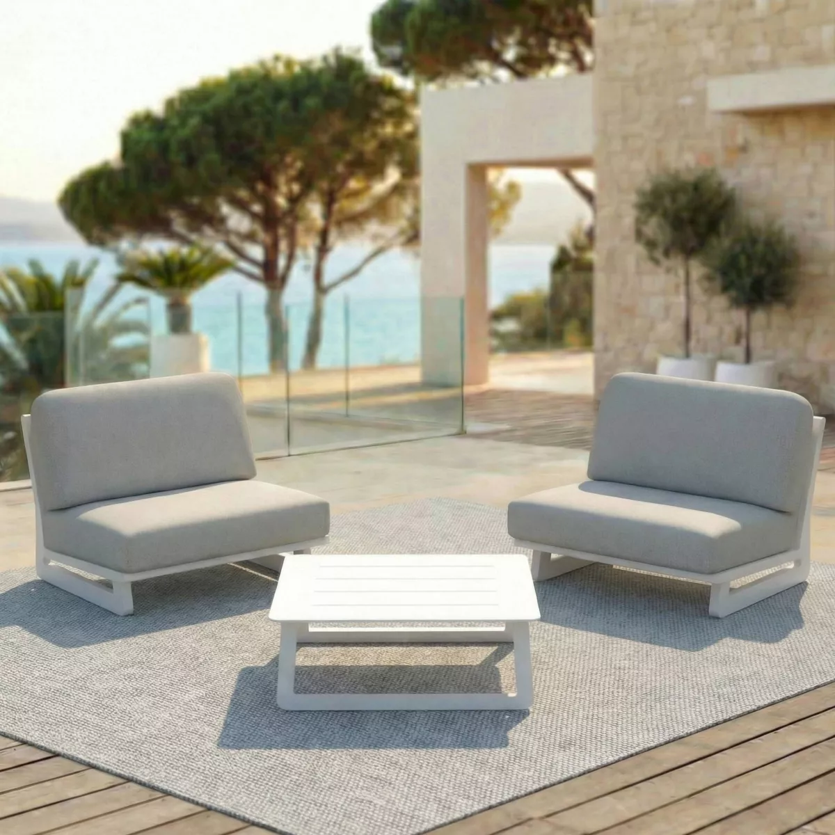 Salon de jardin en aluminium 2 places 3 pcs Long Beach Blanc cendré et gris clair
