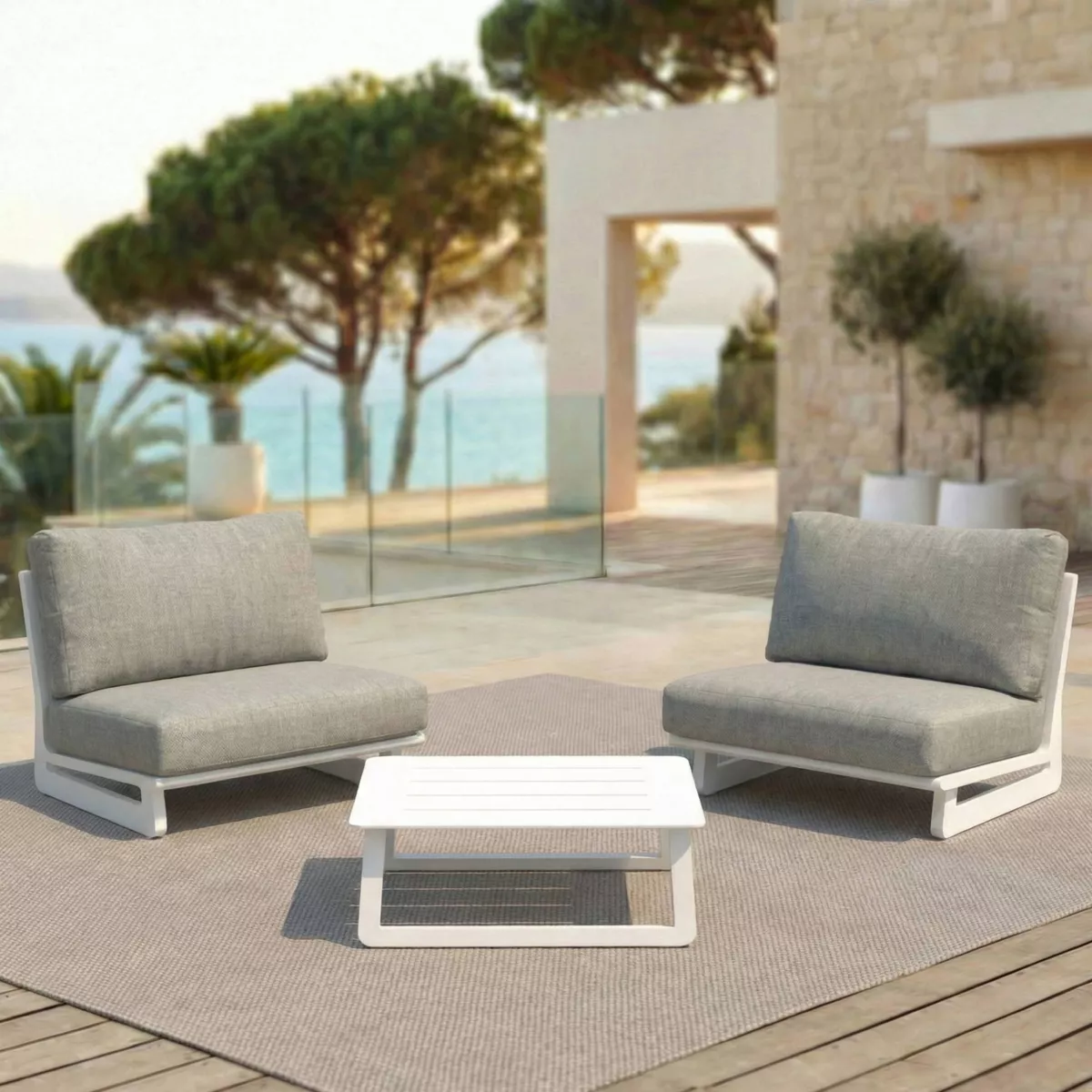 Salon de jardin en aluminium 2 places 3 pcs Long Beach Blanc cendré et beige