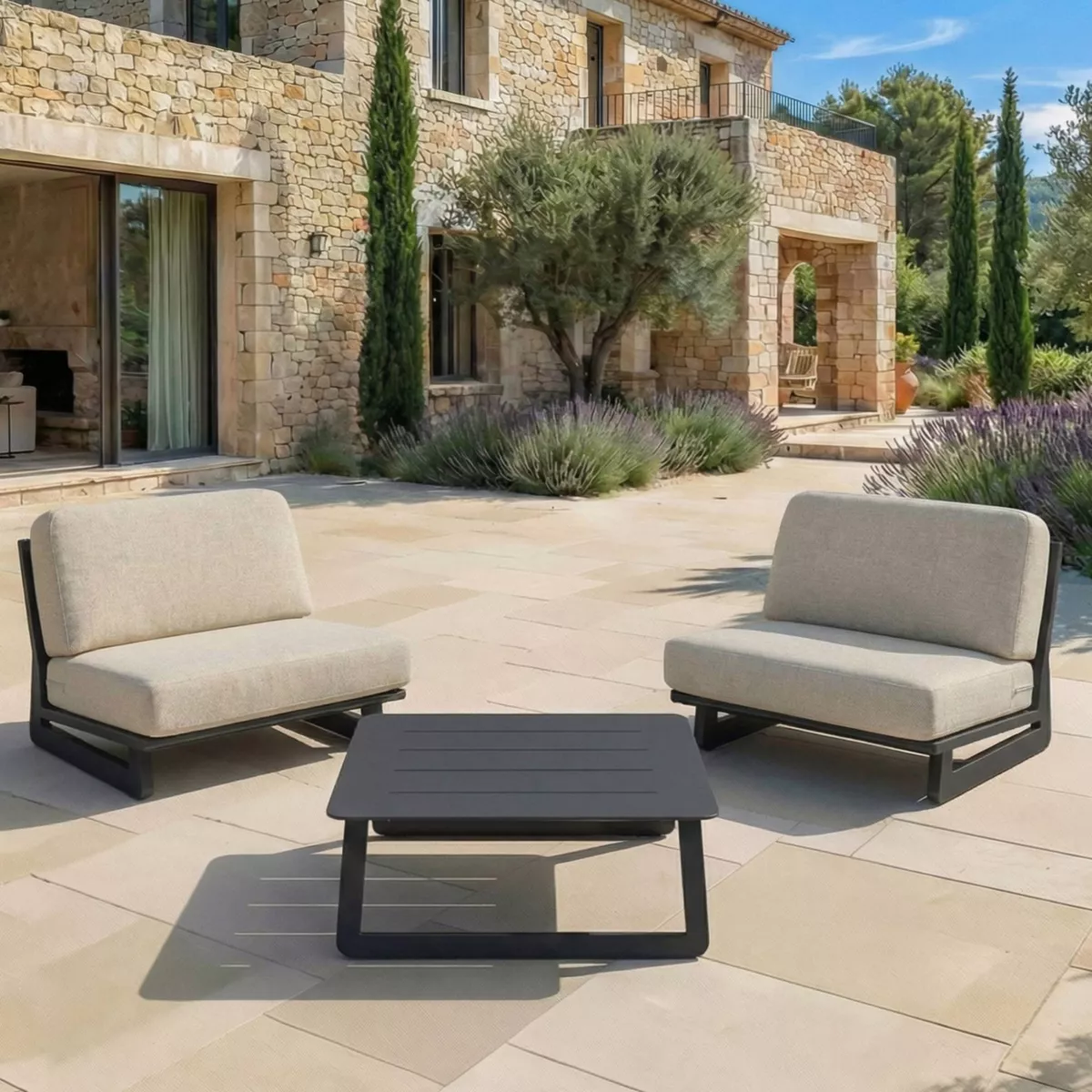 Salon de jardin en aluminium 2 places 3 pcs Long Beach Gris anthracite et taupe